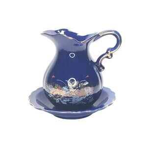 Vtg Cobalt Blue Pheasants & Gold Peony Pitcher & Basin Decorative Birds